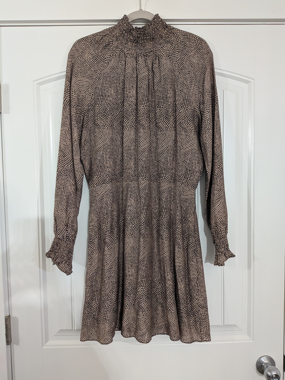 Caballero High Smocked Neck Silk Blend Long-Sleeve Polka Dot Mini Dress